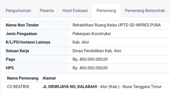 PPK Klarifikasi Proyek Rehabilitasi UPTD SD Inpres Pura: Pagu Anggaran DAU Senilai 400 Juta